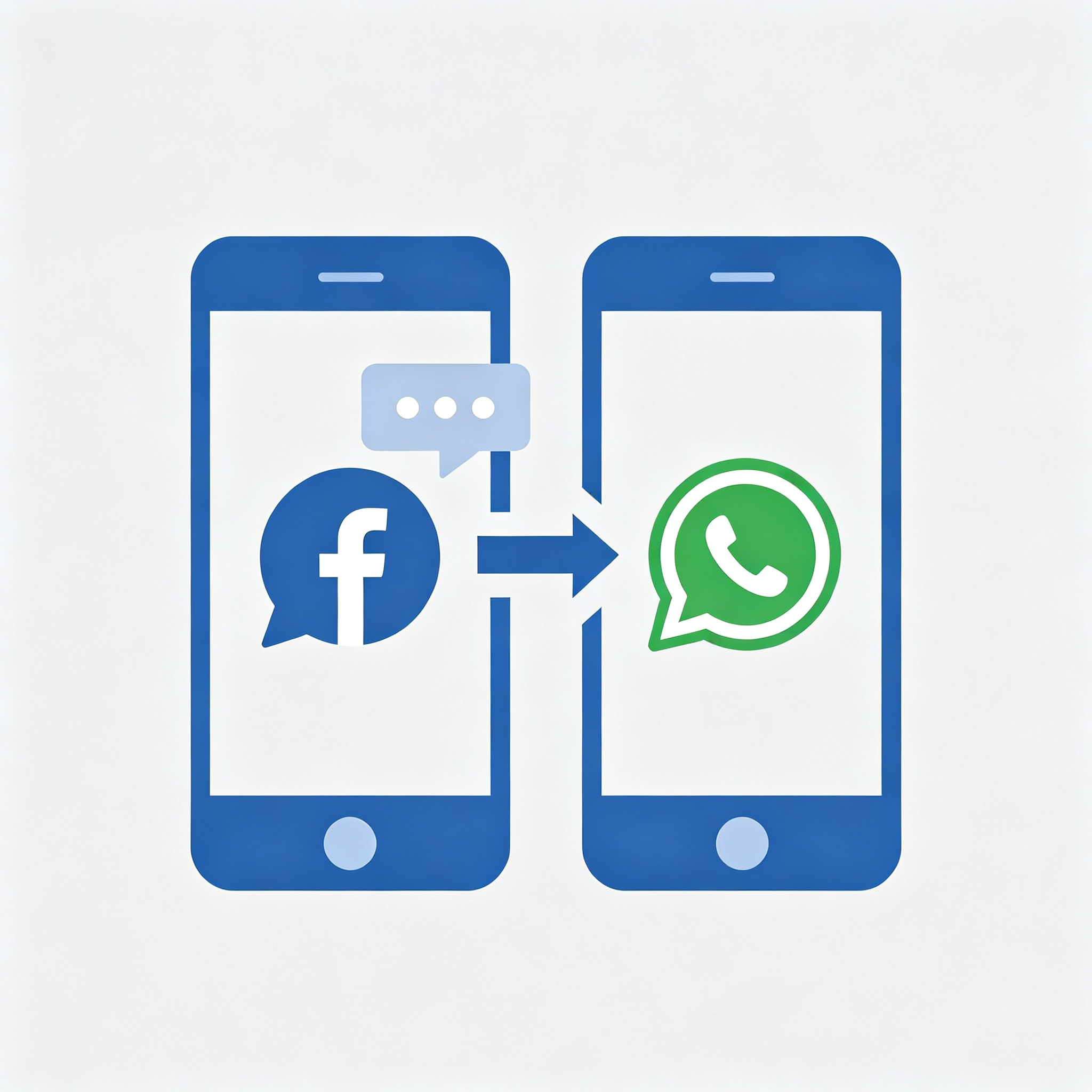 左边Facebook广告界面、右边WhatsApp对话气泡相连的简洁分工示意配图