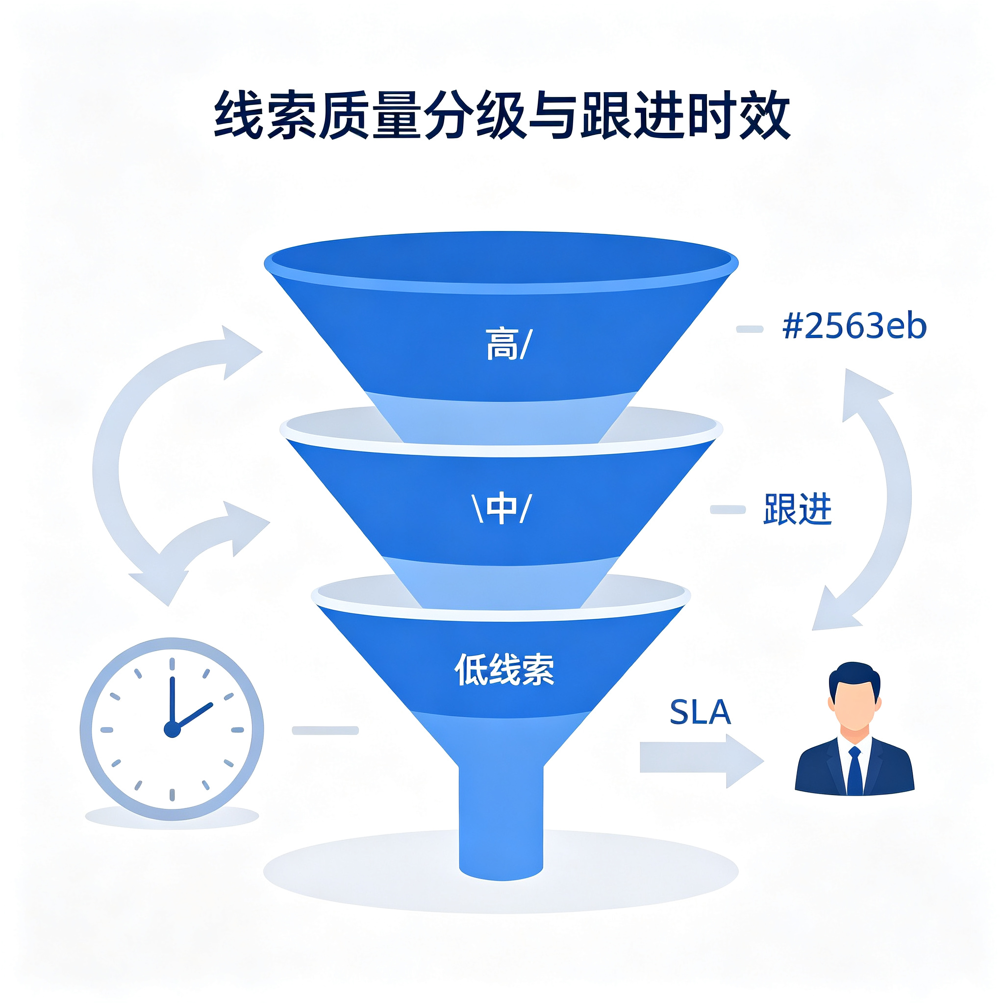Facebook线索评分分层流程图：热温冷四层对应不同首响时效与跟进方式